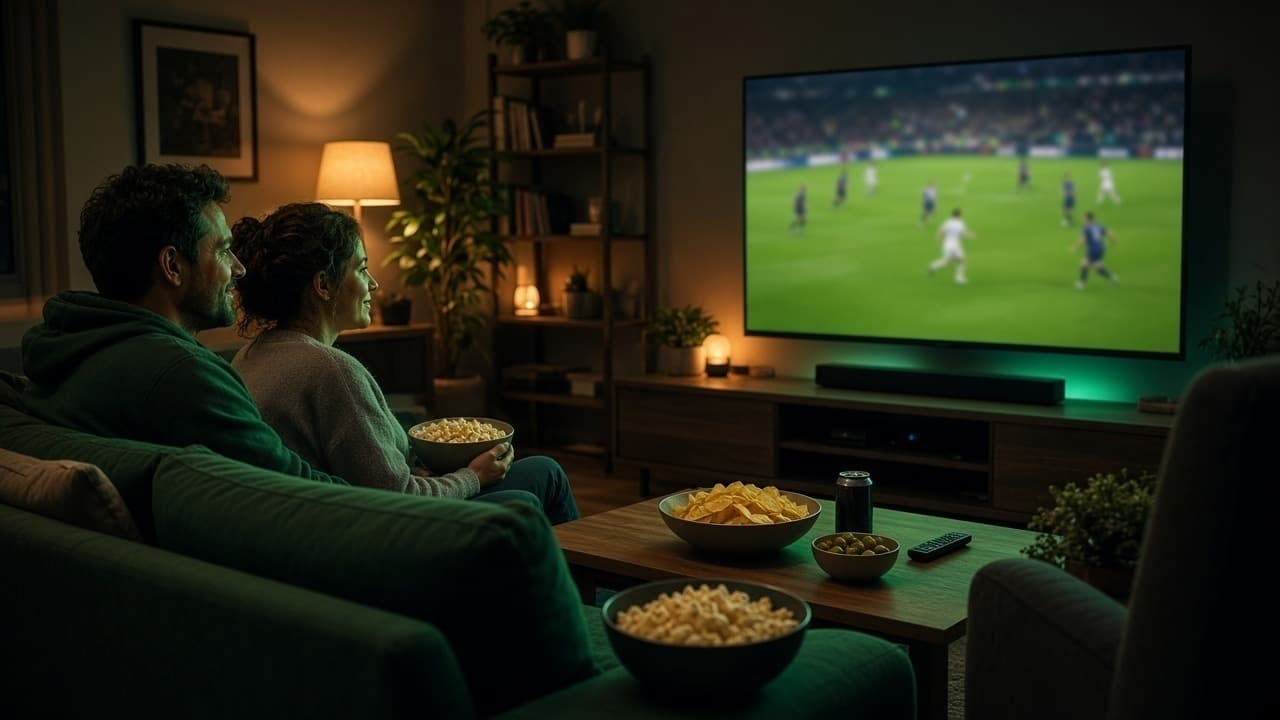 Ver fútbol en IPTV España — La Liga y clásicos Salón viendo fútbol — IPTV España deporte en directo